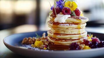 Pancakes with raspberries, raspberries and whipped cream photo