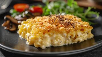 Plate with tasty macaroni and cheese on table, closeup photo