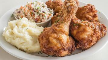 Fried chicken drumsticks with mashed potatoes and coleslaw salad photo