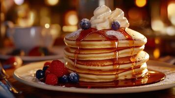 Pancakes with berries and maple syrup on a wooden table. photo