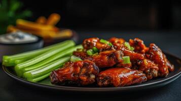 baked chicken wings with celery and sauce on a black plate photo