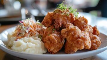 Fried chicken with mashed potato and salad on white plate photo