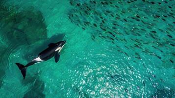 An orca whale swimming in the ocean with a group of fish photo