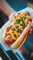 Close up of hot dog with mustard and ketchup in woman hand photo