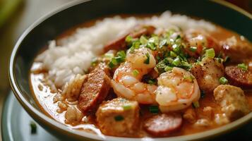 Prawns with chili sauce and rice in bowl, closeup. Gumbo photo