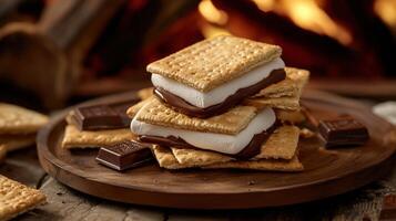 S'mores with chocolate and marshmallows on a wooden plate photo