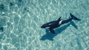 A black and white dolphin swimming in the water photo