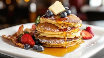 Pancakes with blueberries, honey and bacon on white plate photo