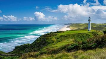 Panoramic view of the ocean and lighthouse on the north coast of New Zealand photo