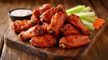 Buffalo chicken wings with celery and sauce on a wooden board photo