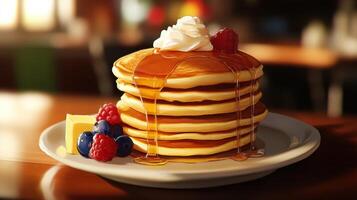 Stack of pancakes with fresh berries and whipped cream on wooden table in cafe photo