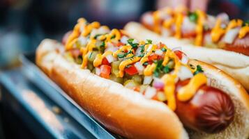 caliente perros con mostaza y salsa de tomate en monitor en un calle comida mercado foto