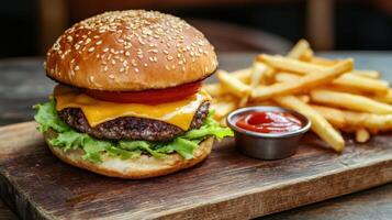 Hamburger . American cheese burger with Golden French fries on wooden background photo