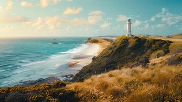 Panoramic view of the North Head Lighthouse on the North Head Peninsula, New Zealand. photo