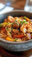 Rice with prawns and vegetables in a bowl on wooden table. Jambalaya photo