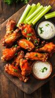 Buffalo chicken wings with celery sticks and dipping sauce on wooden board photo