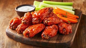 Buffalo chicken wings with celery and carrots on wooden cutting board photo