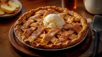 Apple pie with ice cream on a wooden table. photo