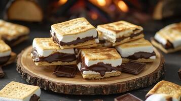 S'mores with chocolate and marshmallows on a wooden plate photo