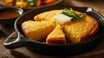 Cornbread in a skillet with butter and herbs photo