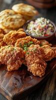 Tasty fried chicken with coleslaw on wooden board, closeup photo