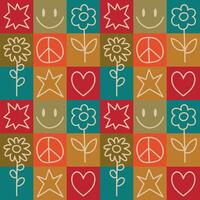 Retro hippie seamless pattern. Flowers, smiley face, heart, peace symbol in colorful squares. illustration for fabric, wrapping paper, cover, background vector