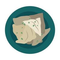 Kreplach dumplings in a blue plate with green onions. Isolated illustration in clip art style for your design vector