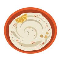 Hummus in a red plate, a slice of lemon and chickpeas. Isolated illustration in clip art style for your design vector