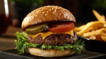 Cheese burger, American cheese burger with fresh salad and french fries photo