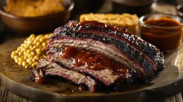 Slices of barbecue beef tenderloin with sauce and mustard photo