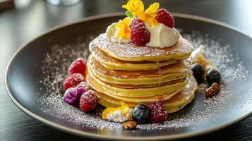 Pancakes with fresh raspberries, blueberries and whipped cream photo