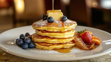 Pancakes with honey, blueberries and bacon on a white plate photo