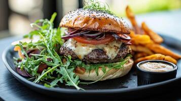 beef burger with french fries - unhealthy food and food style concept photo