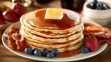 Pancakes with honey and berries on a wooden table, closeup photo