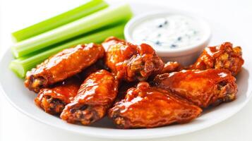 Buffalo chicken wings with celery and dip sauce photo