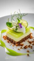 A dessert on a white plate with green and white flowers photo
