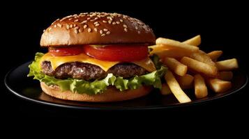 Cheese burger American cheese burger with Golden French fries isolated on black background photo