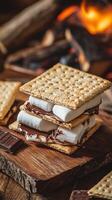 S'mores with chocolate and marshmallows on a wooden board photo