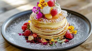 Stack of pancakes with fresh berries and maple syrup. photo