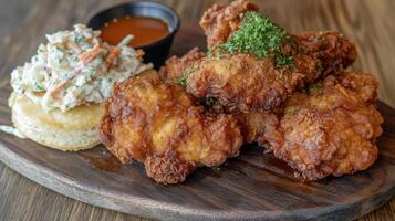 Fried chicken wings with coleslaw salad on a wooden board. photo