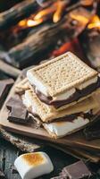 S'mores on a wooden board with marshmallows and fire photo