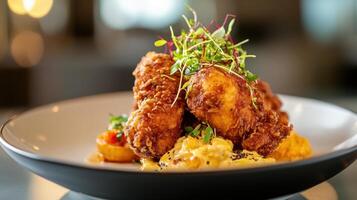 crispy fried chicken with mashed potatoes and salad, unhealthy food photo