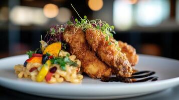 Crispy deep fried chicken fillet served with rice and vegetables photo