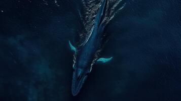 Humpback whale swimming in deep blue ocean, aerial view. photo