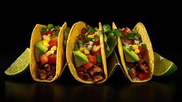 Mexican tacos with beef, avocado, corn and salsa on black background photo