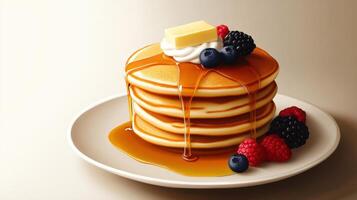 Pancakes with berries and butter on a plate, closeup photo