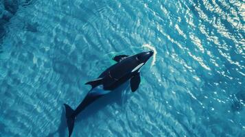 An aerial view of a killer whale swimming in the ocean photo