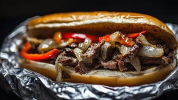Beef Hamburger with onions and peppers on a dark background. Philly Cheesesteak photo