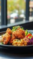 Fried chicken and vegetables on the table in a restaurant, stock photo