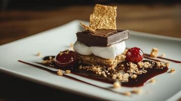 A dessert with chocolate and marshmallows on a white plate photo